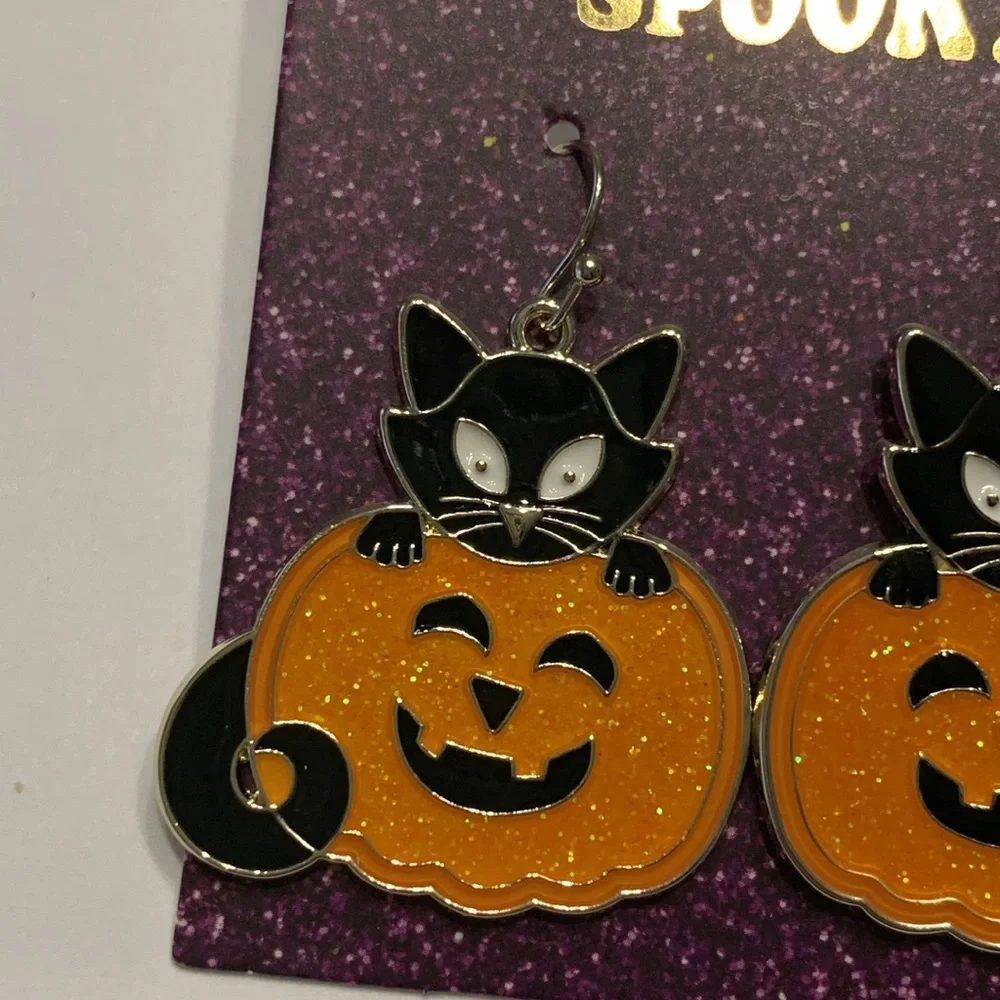 Spooky Glow in the Dark Pumpkin and Cat Nickel Free Fishhook Earrings